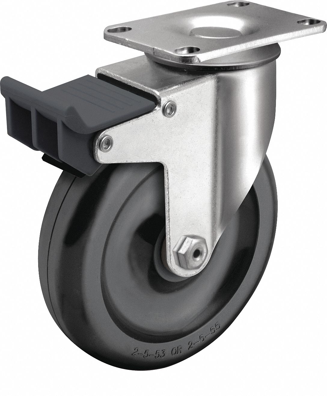 Plate Caster: Swivel, Total Lock, Polyolefin, 3 1/2 in Wheel Dia, 1 1/4 in Wheel Wd, Slot