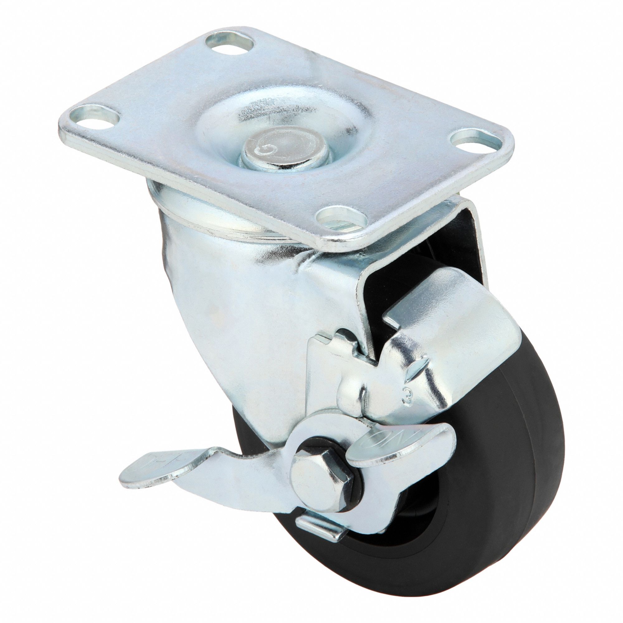 Plate Caster: Swivel, Side Brake, Rubber, 3 in Wheel Dia, 1 1/4 in Wheel Wd, Slot, Rectangle