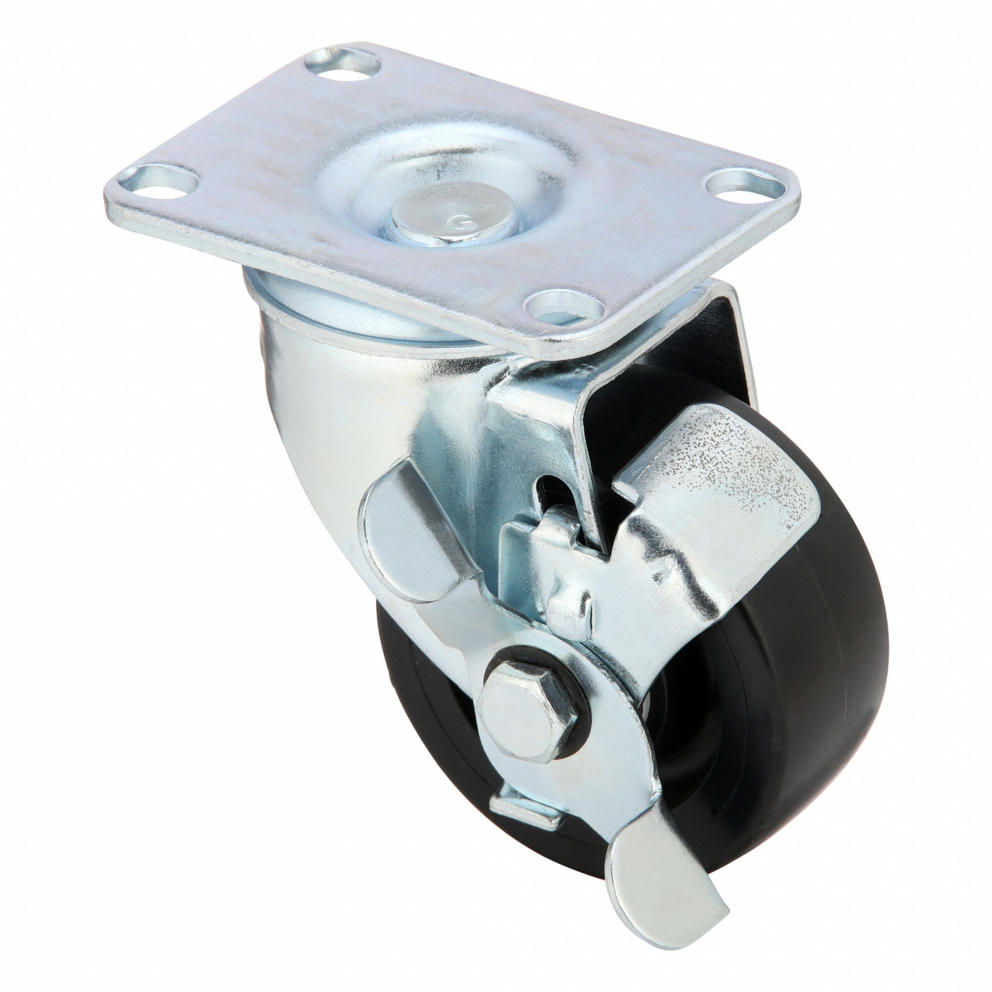 Plate Caster: Swivel, Side Brake, Polyolefin, 3 in Wheel Dia, 1 1/4 in Wheel Wd, Slot, Ball