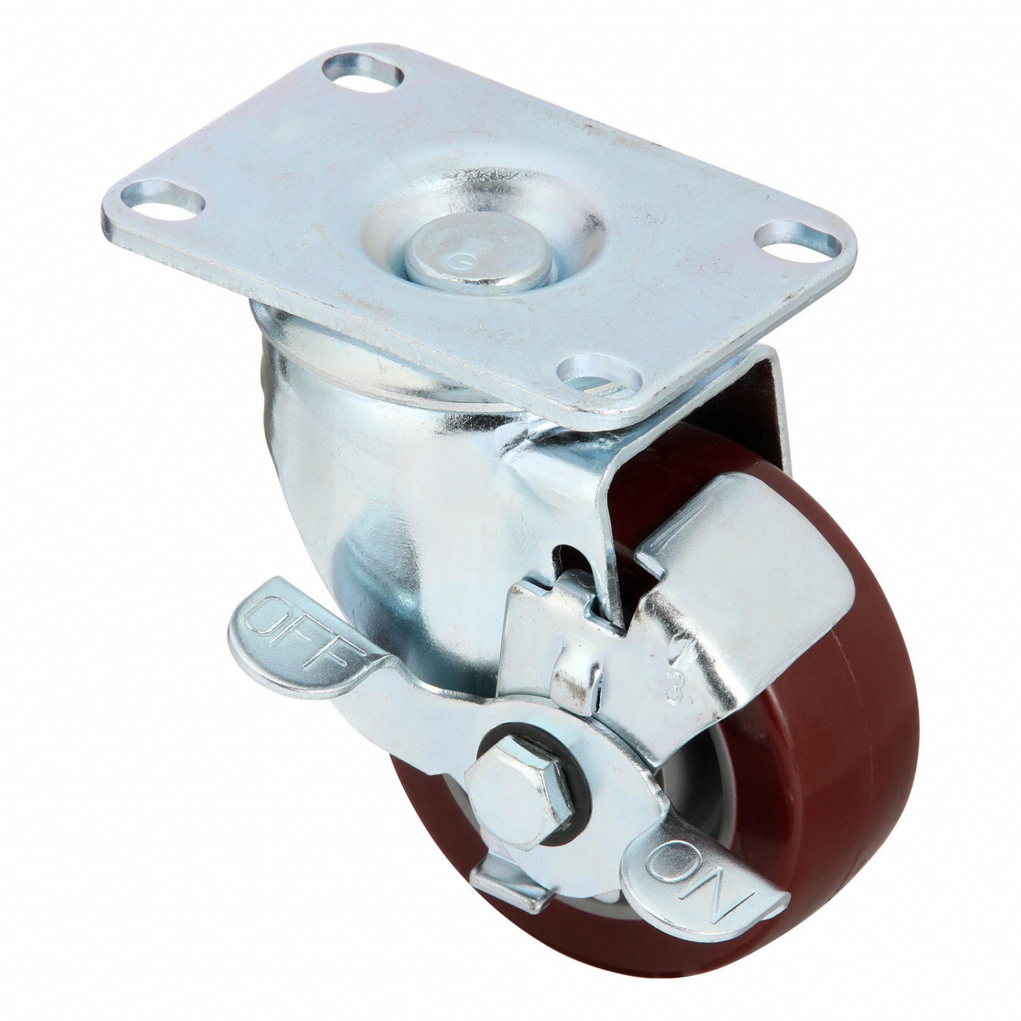Plate Caster: Swivel, Side Brake, Polyurethane, 3 in Wheel Dia, 1 1/4 in Wheel Wd, Slot, Ball