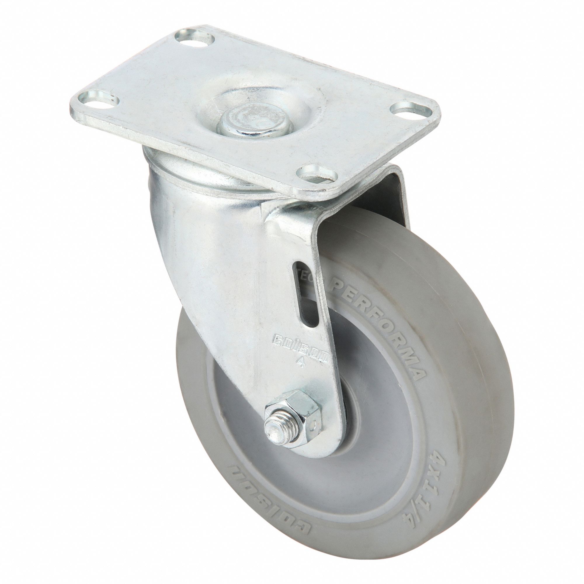 Plate Caster: Swivel, No Brake, Rubber, 4 in Wheel Dia, 1 1/4 in Wheel Wd, Slot, Rectangle