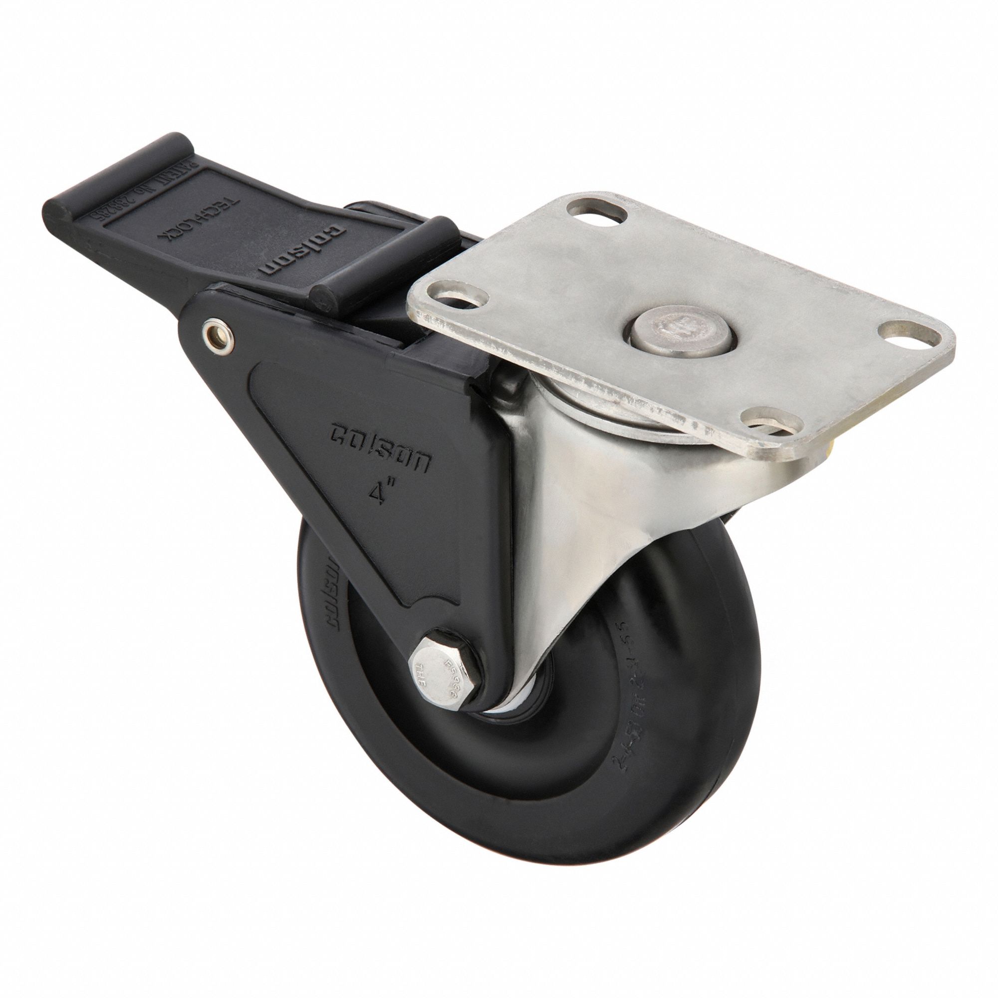 Plate Caster: Corrosion-Resistant, Swivel, Polyolefin, 4 in Wheel Dia, 1 1/4 in Wheel Wd