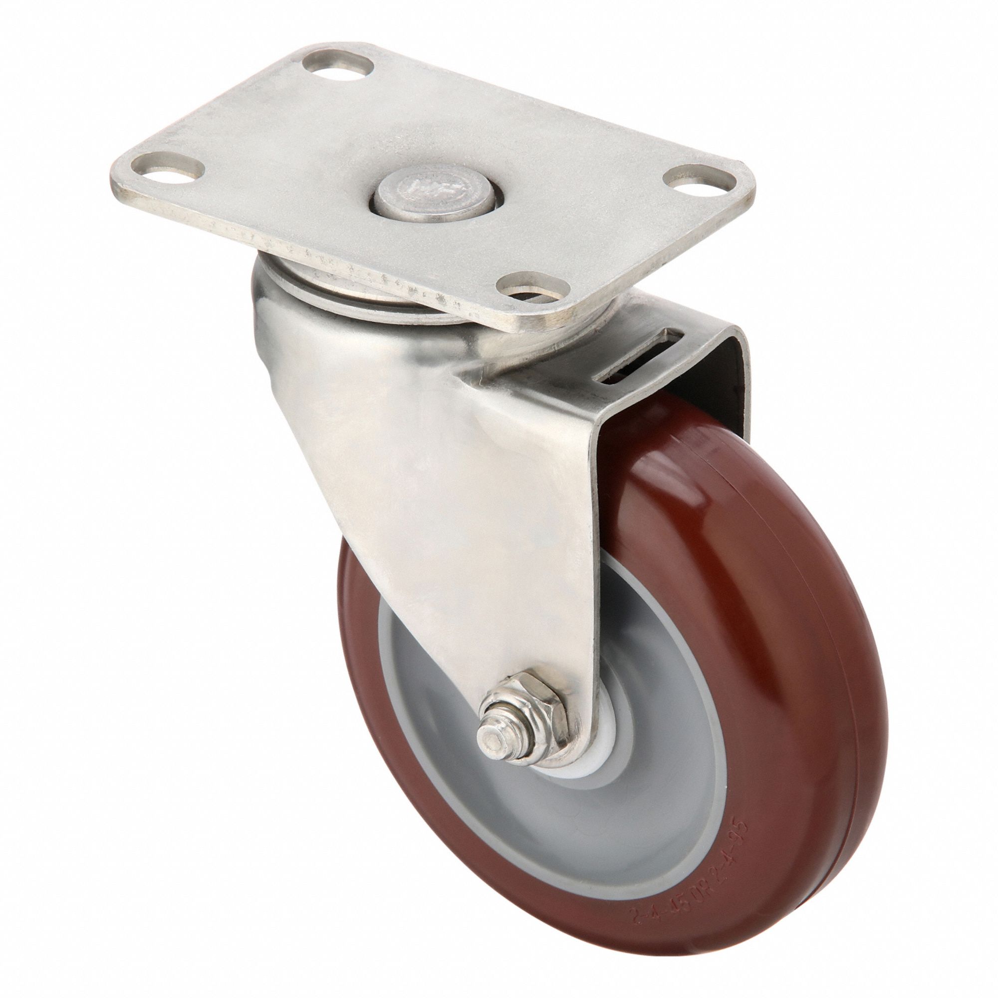 Plate Caster: Corrosion-Resistant, Swivel, Polyurethane, 4 in Wheel Dia, 1 1/4 in Wheel Wd