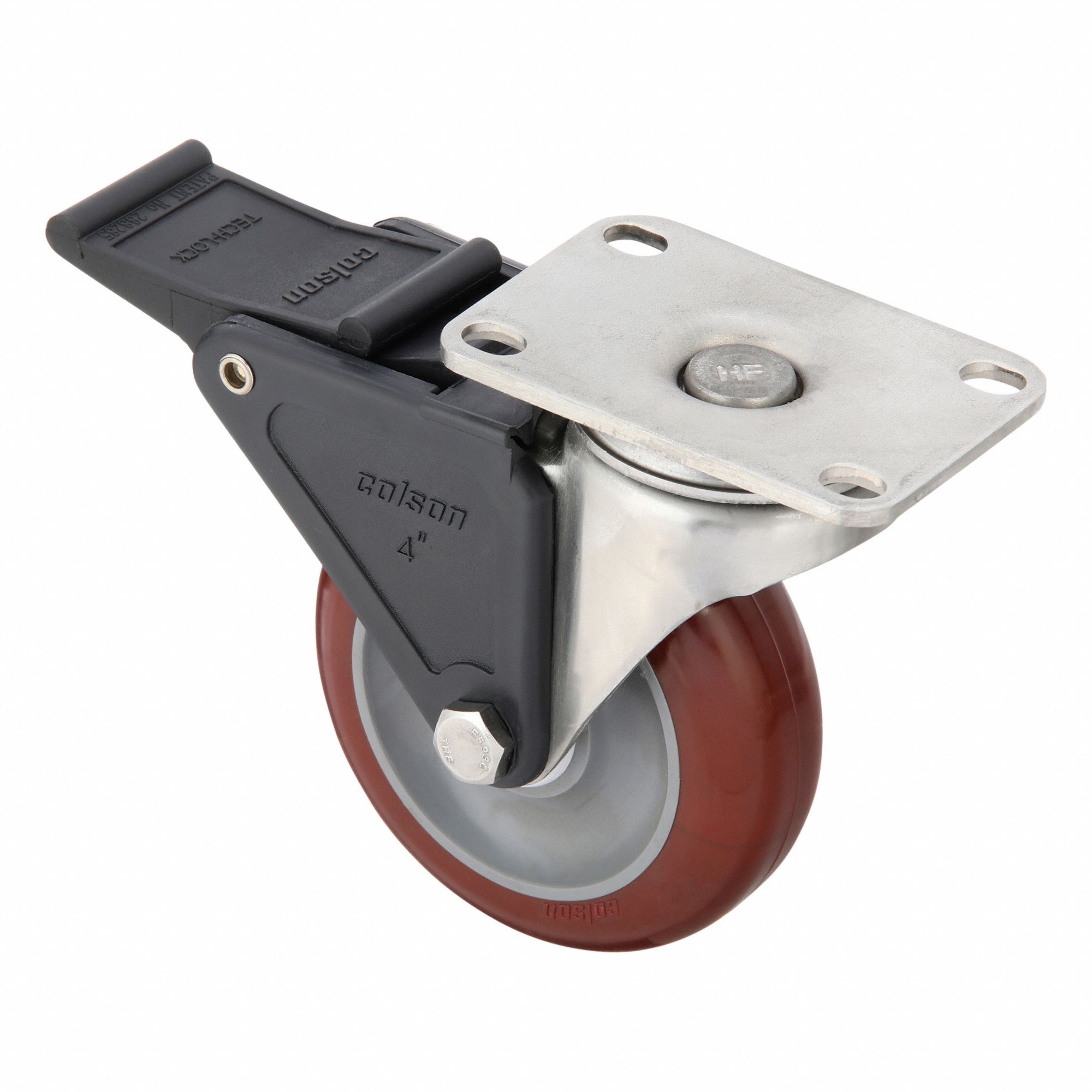 Plate Caster: Corrosion-Resistant, Swivel, Polyurethane, 4 in Wheel Dia, 1 1/4 in Wheel Wd