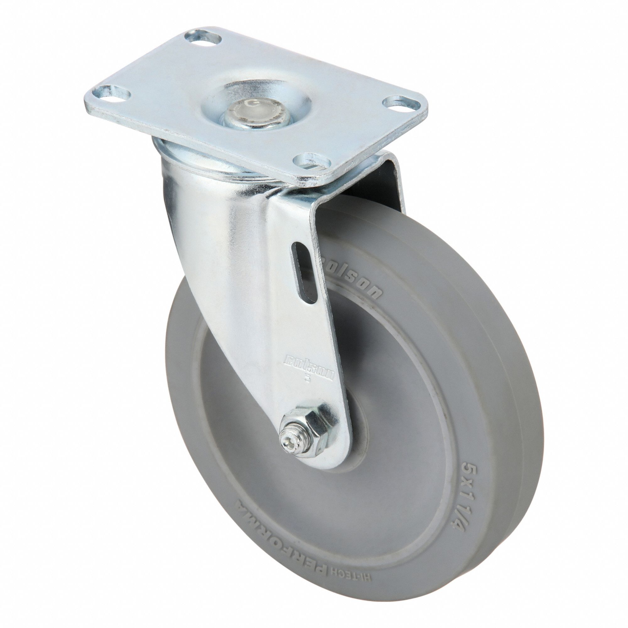 Plate Caster: Swivel, No Brake, Rubber, 5 in Wheel Dia, 1 1/4 in Wheel Wd, Slot, Rectangle