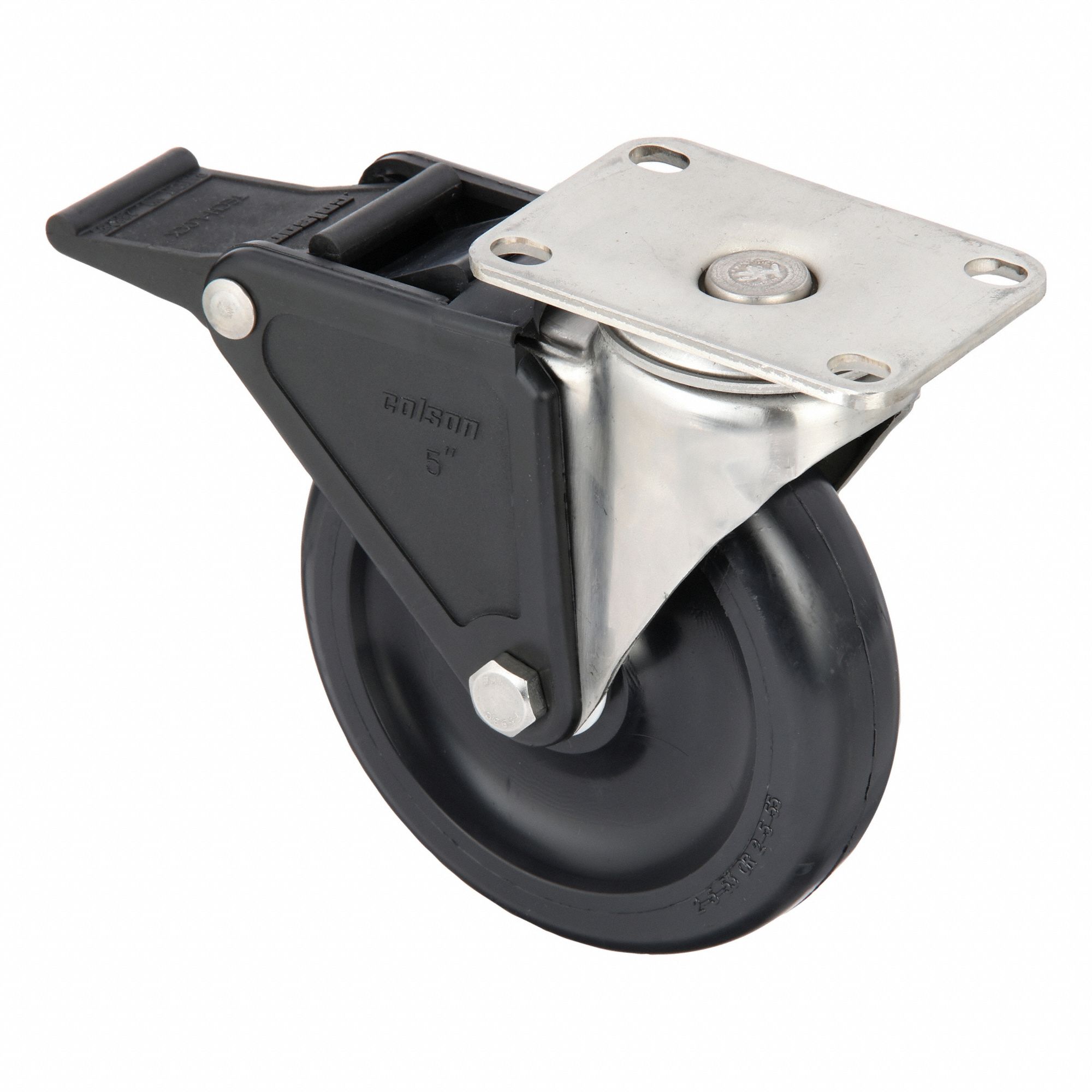 Plate Caster: Corrosion-Resistant, Swivel, Polyolefin, 5 in Wheel Dia, 1 1/4 in Wheel Wd