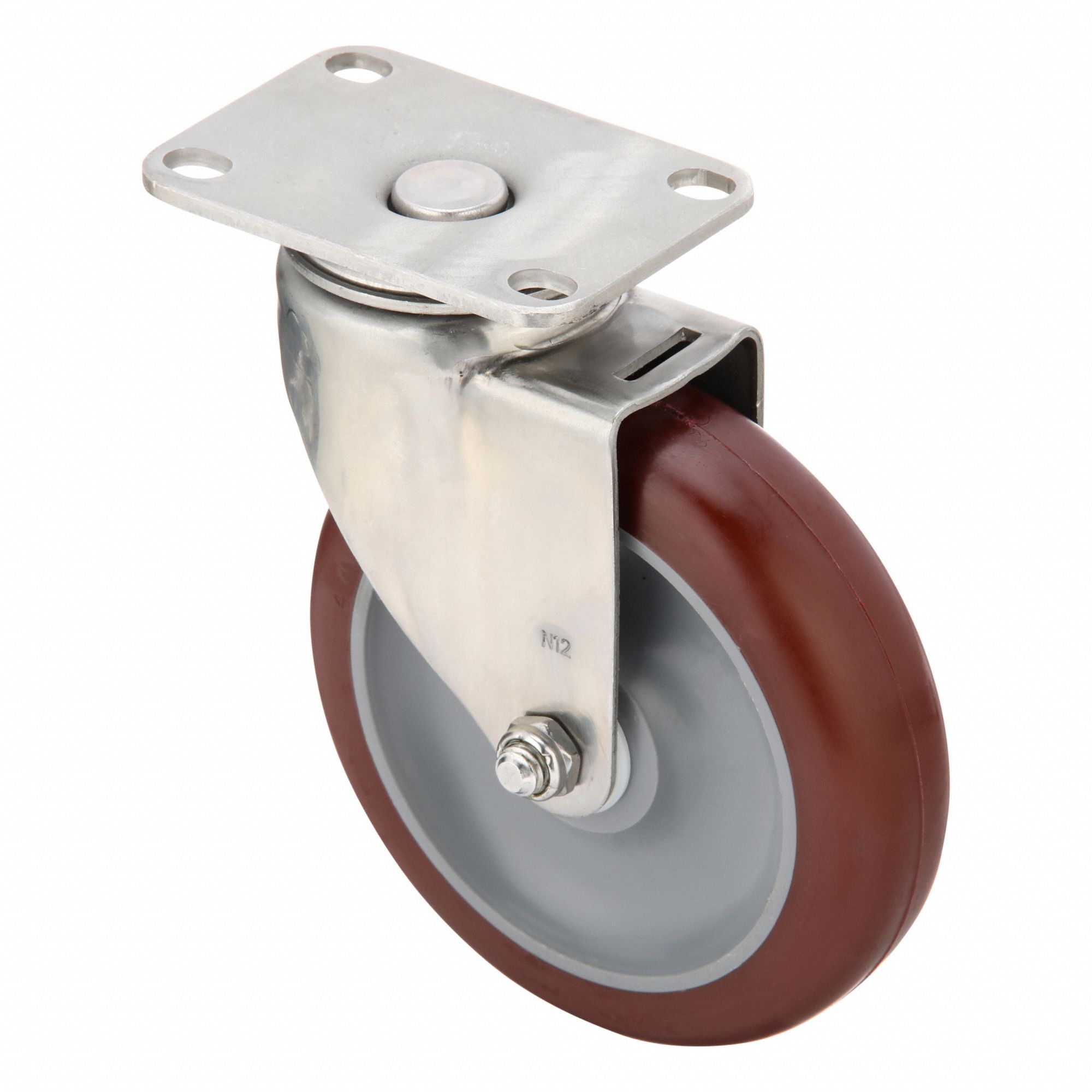Plate Caster: Corrosion-Resistant, Swivel, Polyurethane, 5 in Wheel Dia, 1 1/4 in Wheel Wd