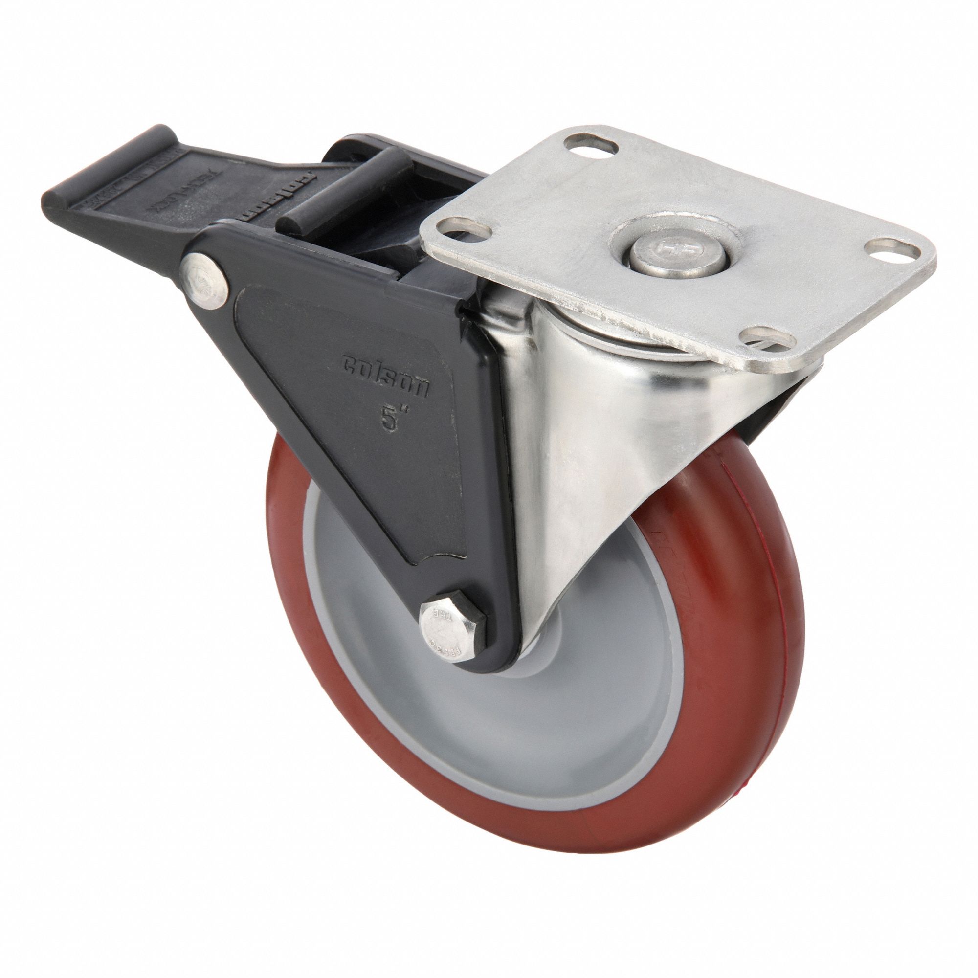 Plate Caster: Corrosion-Resistant, Swivel, Polyurethane, 5 in Wheel Dia, 1 1/4 in Wheel Wd