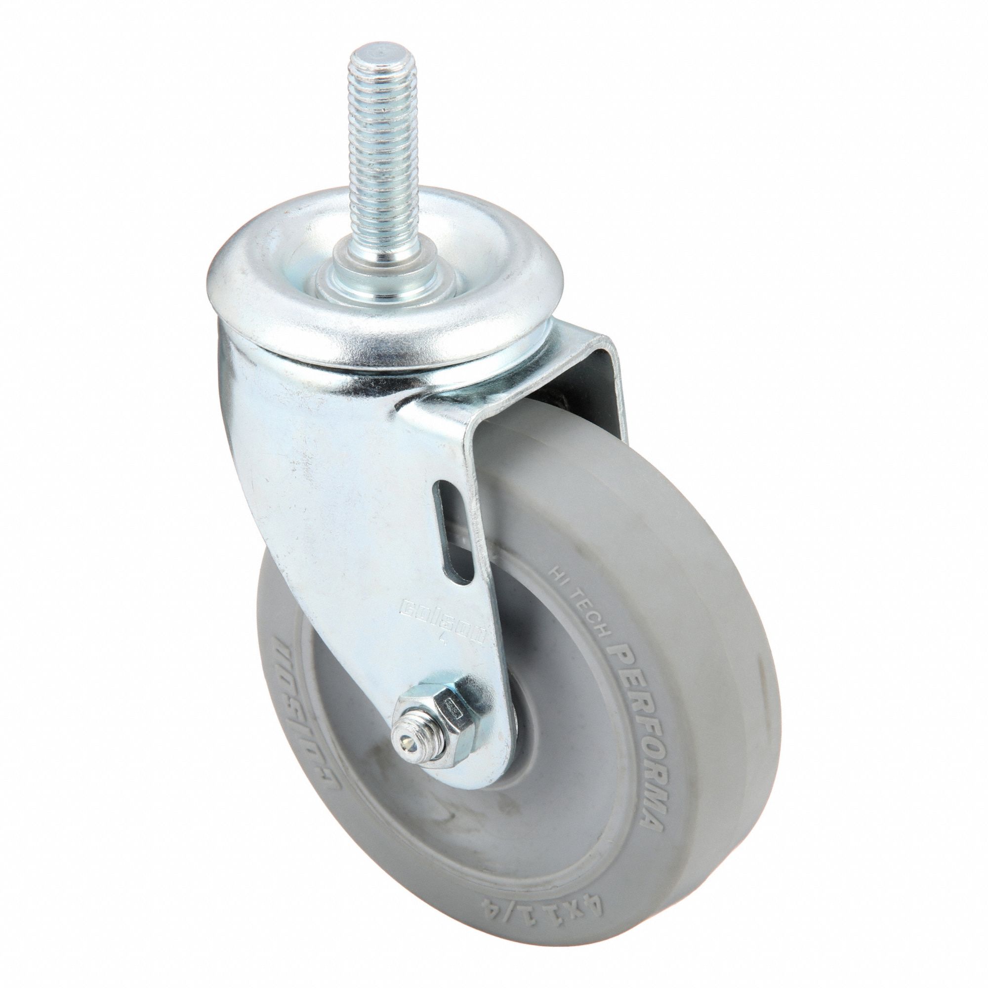 Stem Caster: Inch, Swivel, 4 in Wheel Dia., 1 1/4 in Wheel Wd, 5 in Mounting Ht, Rubber