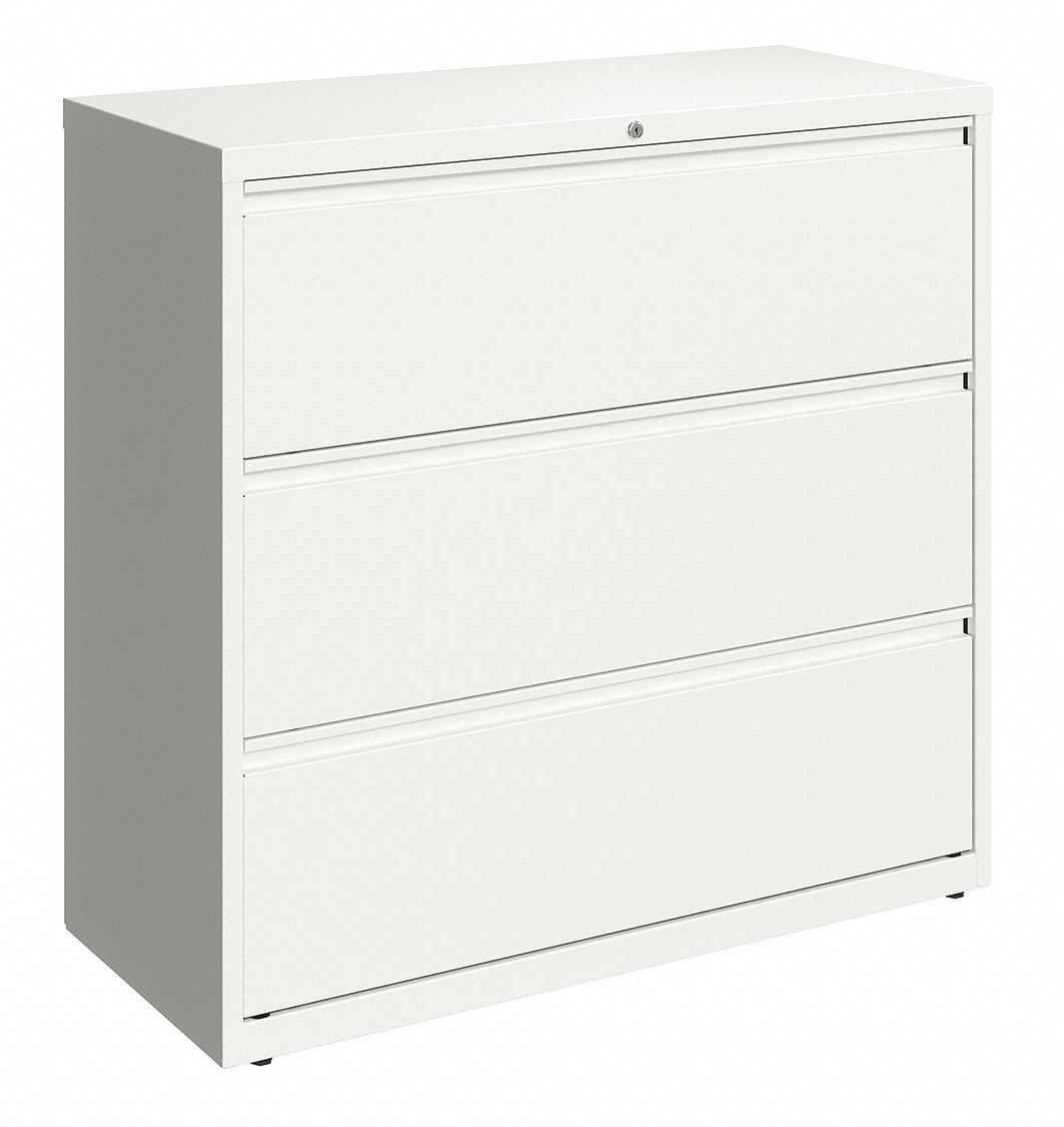 Lateral File Cabinet: White, 3 Drawers, 40 1/4 in Overall Ht, 18 5/8 in Overall Dp, Steel