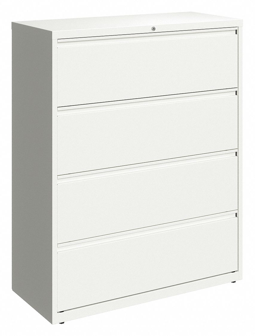 Lateral File Cabinet: White, 4 Drawers, 52 1/2 in Overall Ht, 18 5/8 in Overall Dp, Steel