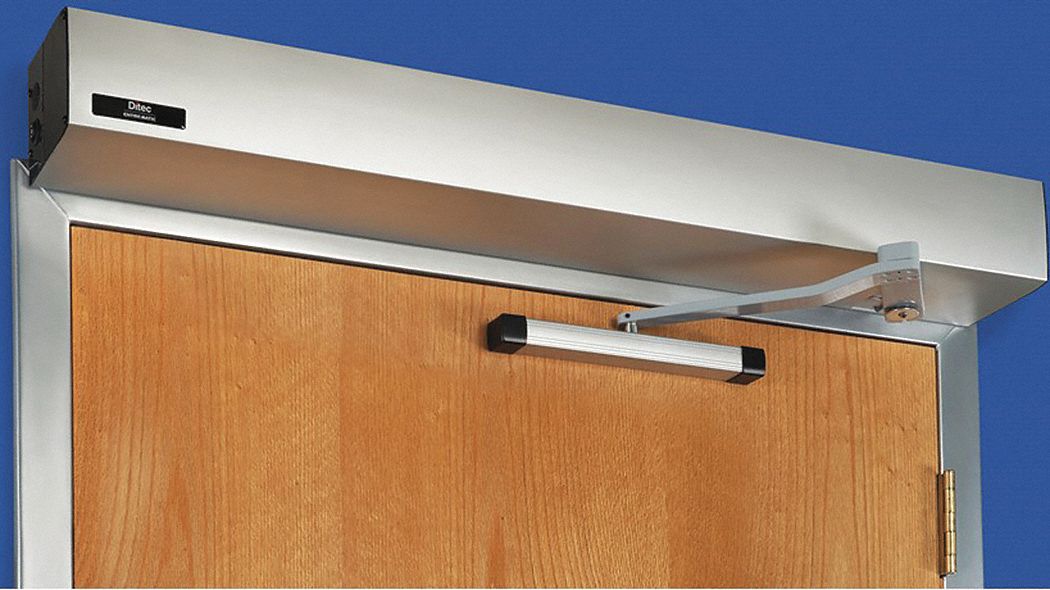 Door Operator: Low Energy, Heavy Duty, 45 in Lg, 5 1/8 in Wd, 4 1/8 in Ht, Aluminum