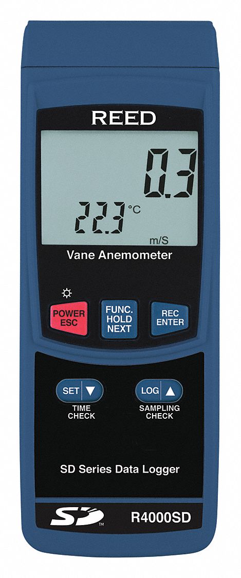 ANEMOMETER, ROTATING VANE AND THERMOMETER, LCD DISPLAY, 79 TO 6890 FPM, 3 FT X 2.8 IN, PLASTIC