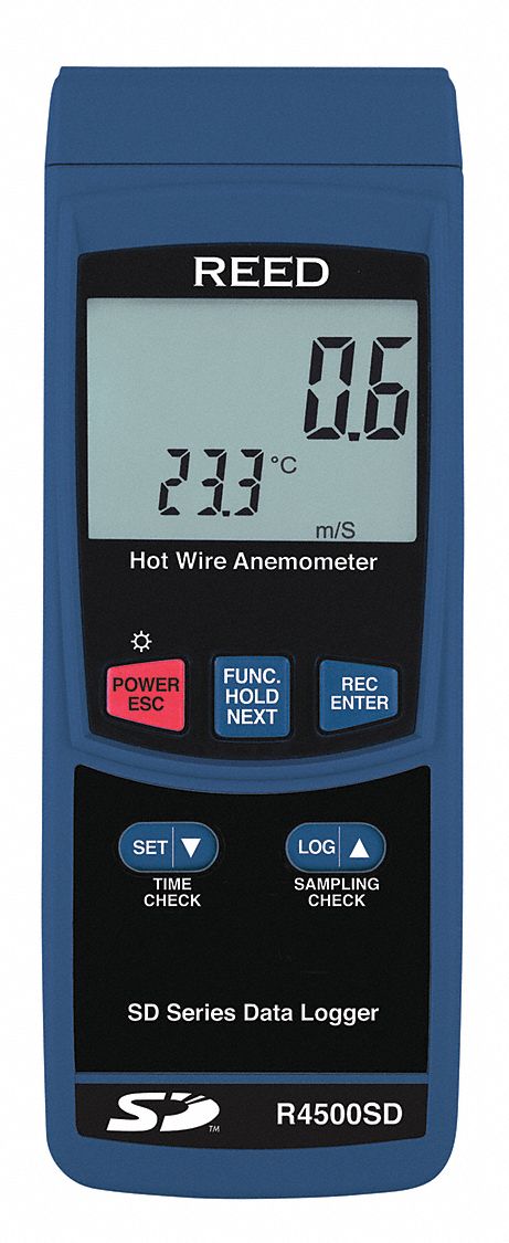 ANEMOMETER, HOT WIRE, 40 TO 4921 V FPM, LCD DISPLAY, UP TO 99 AUTO READS, BUILTIN CONTACT THERMOMETR