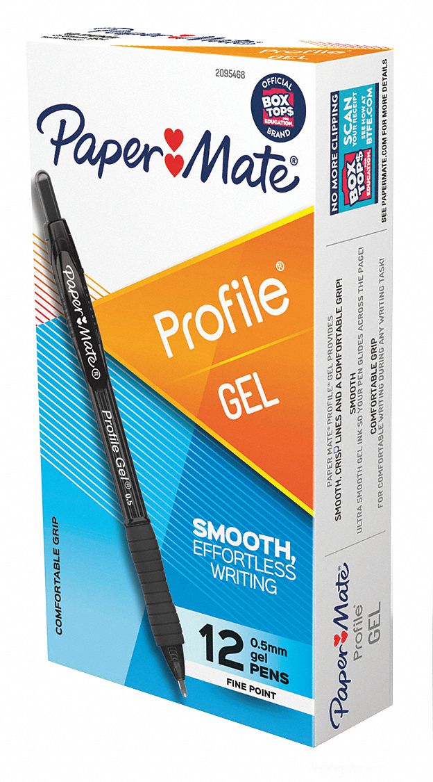 Gel Pens: Black, 0.5 mm Pen Tip, Retractable, Plastic, Black, 12 PK
