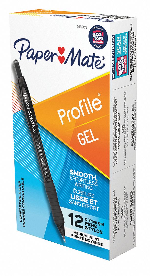Gel Pen: Black, 0.7 mm Pen Tip, Retractable, Plastic, Black, 12 PK