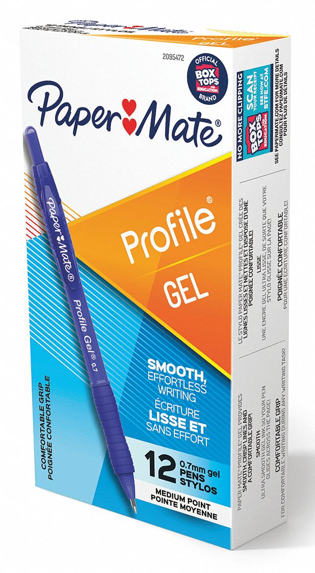 Gel Pens: Blue, 0.7 mm Pen Tip, Retractable, Plastic, Black, 12 PK