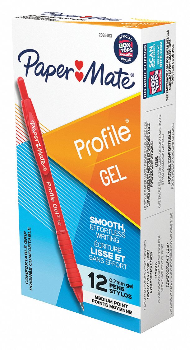 Gel Pens: Red, 0.7 mm Pen Tip, Retractable, Plastic, Black, 12 PK