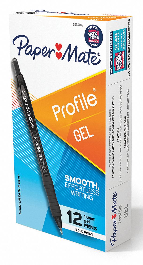 Gel Pens: Black, 1 mm Pen Tip, Retractable, Plastic, Black, 12 PK