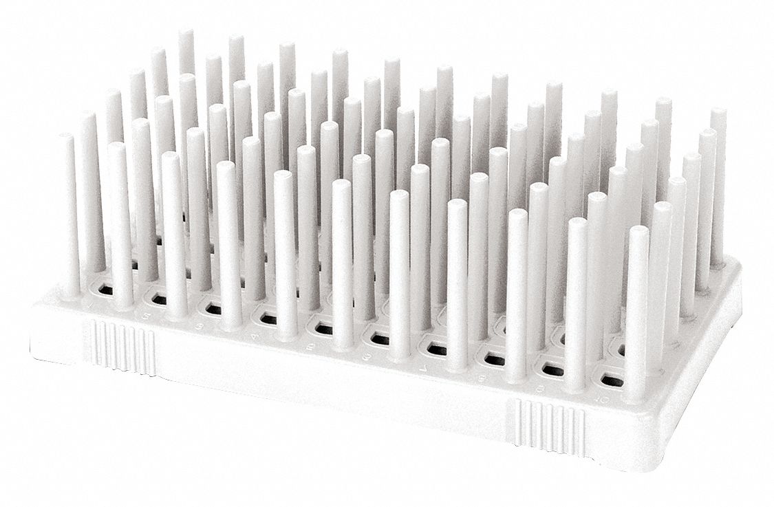 Tube Rack: 4 1/8 in Overall Wd, 2 1/8 in Overall Ht, 7 3/8 in Overall Lg, Polypropylene, White