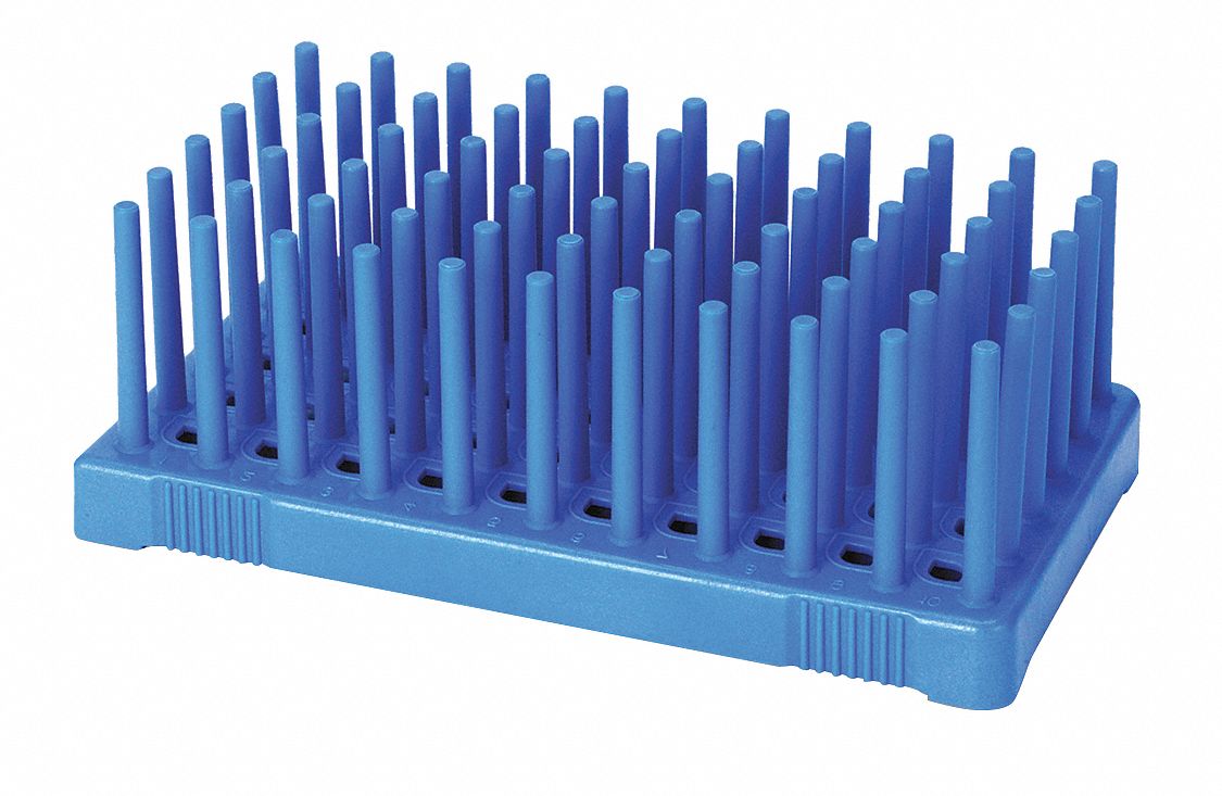 Tube Rack: 4 1/8 in Overall Wd, 2 1/8 in Overall Ht, 7 3/8 in Overall Lg, Polypropylene, Blue