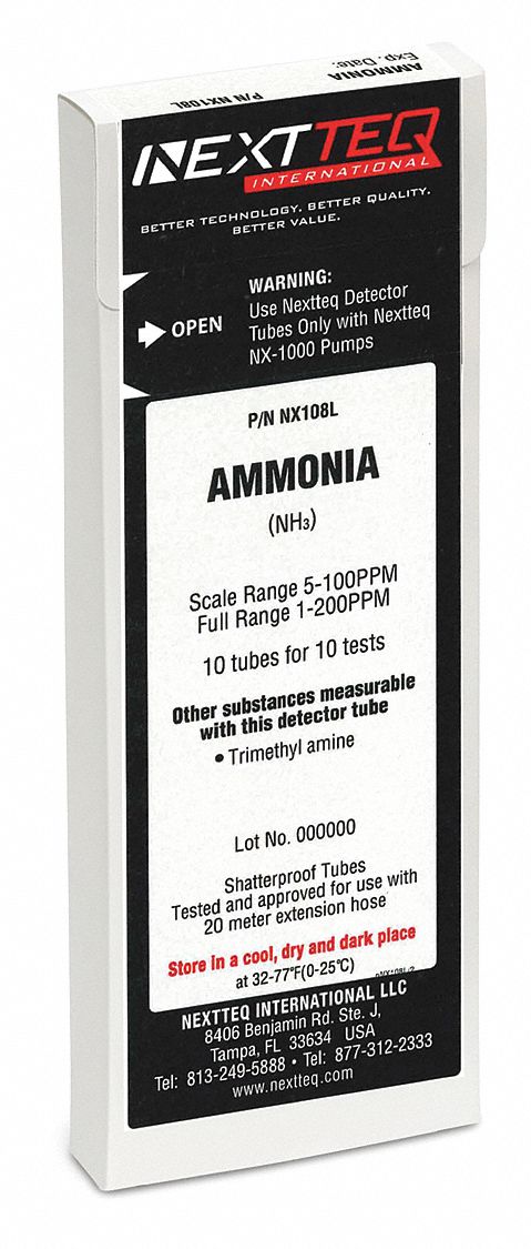Detector Tube: NEXTEQ NX-1000, NH3, Gas Detection Tube, Ammonia ( NH3 ), With Pump, 10 PK