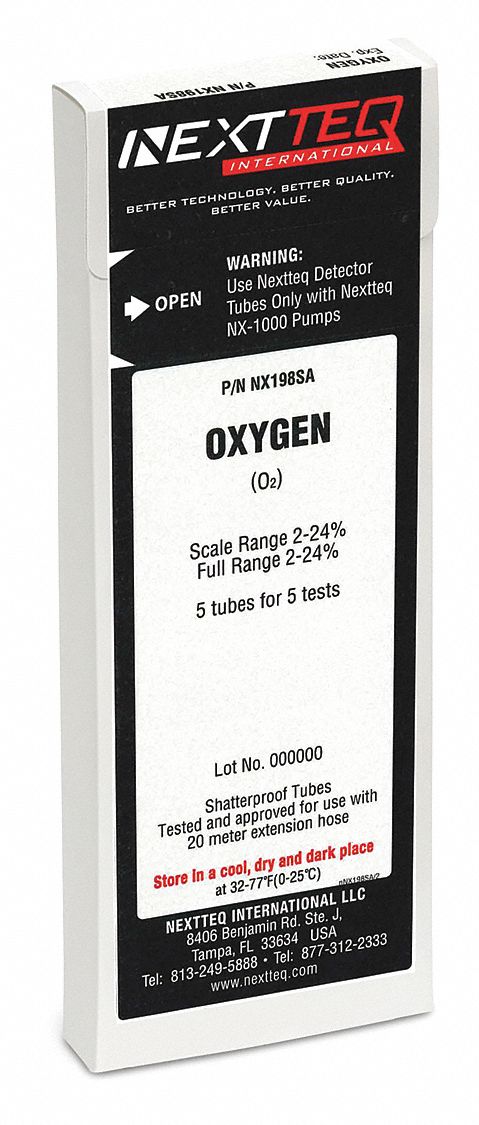 Detector Tube: NEXTEQ NX-1000, O2, Gas Detection Tube, Oxygen ( O2 ), With Pump, 5 PK
