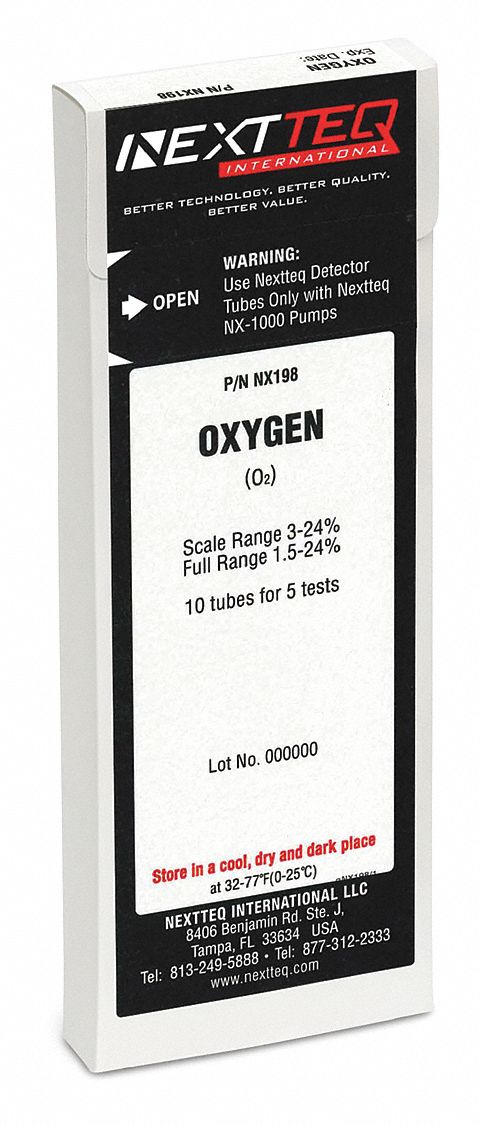 Detector Tube: NEXTEQ NX-1000, O2, Gas Detection Tube, Oxygen ( O2 ), With Pump, 5 PK