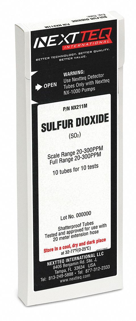 Detector Tube: NEXTEQ NX-1000, SO2, Gas Detection Tube, Sulfur Dioxide ( SO2 ), 10 PK