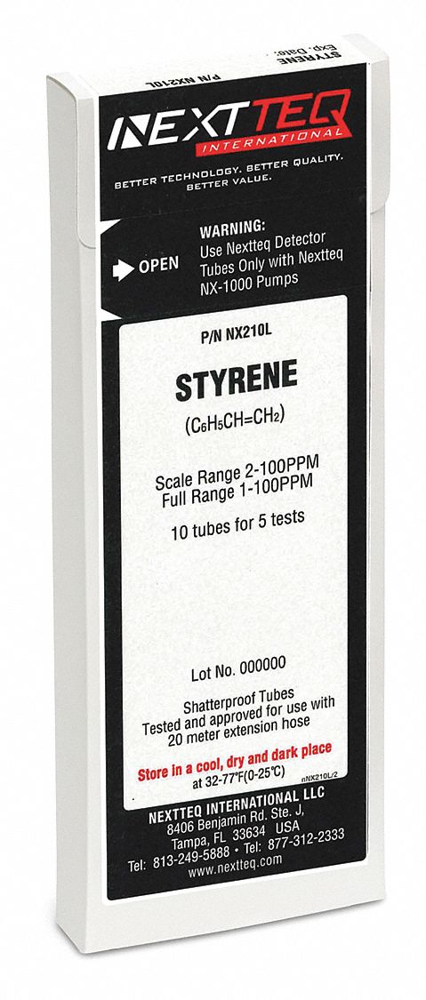 Detector Tube: NEXTEQ NX-1000, C8H8, Gas Detection Tube, Styrene ( C8H8 ), With Pump, 5 PK