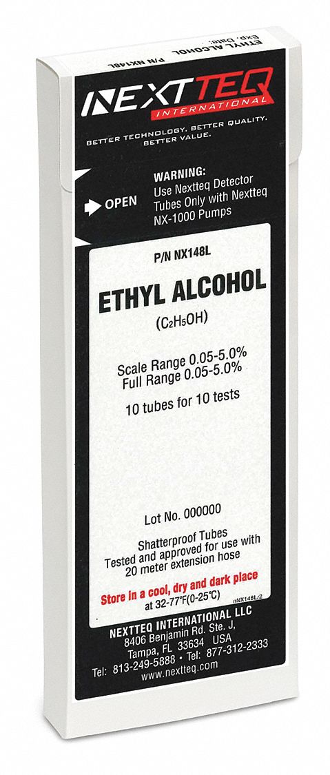 Detector Tube: NEXTEQ NX-1000, C2H6O, Gas Detection Tube, Ethyl Alcohol ( C2H6O ), 10 PK