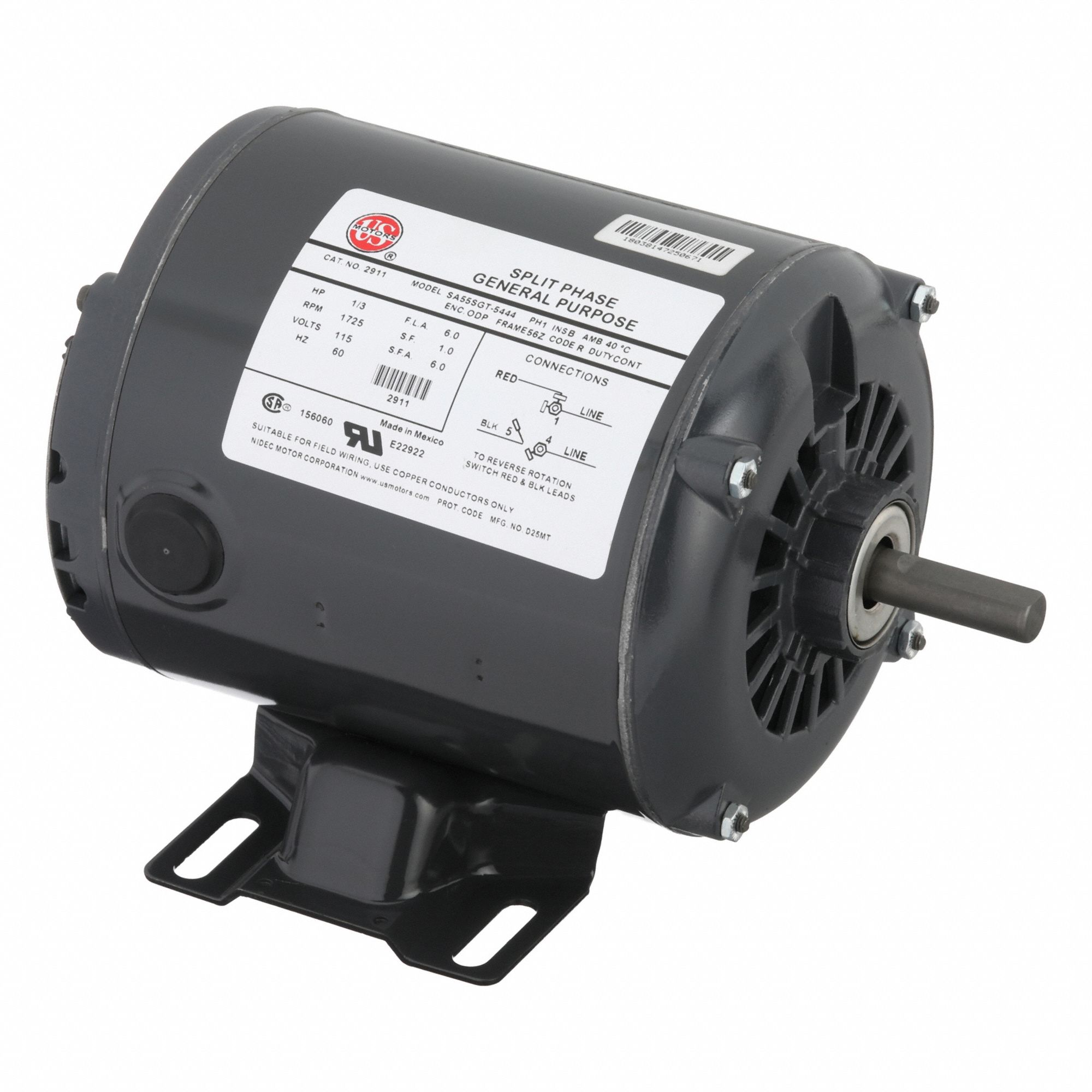 General Purpose Motor: Single Phase, 1/3 hp, 115V AC, 56Z Frame Size, 1/2 in x 1 1/2 in