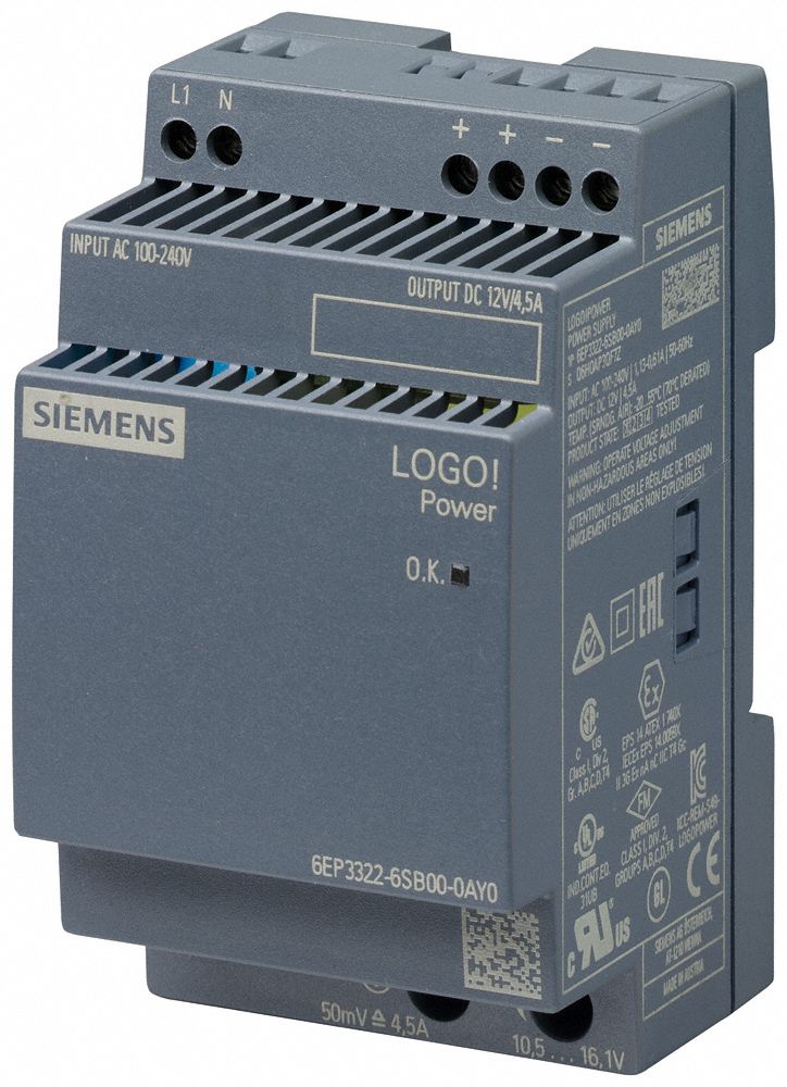 Stabilized Power Supply: 100 to 240 V AC, Single, 12V DC, 54W, 4.5, DIN Rail