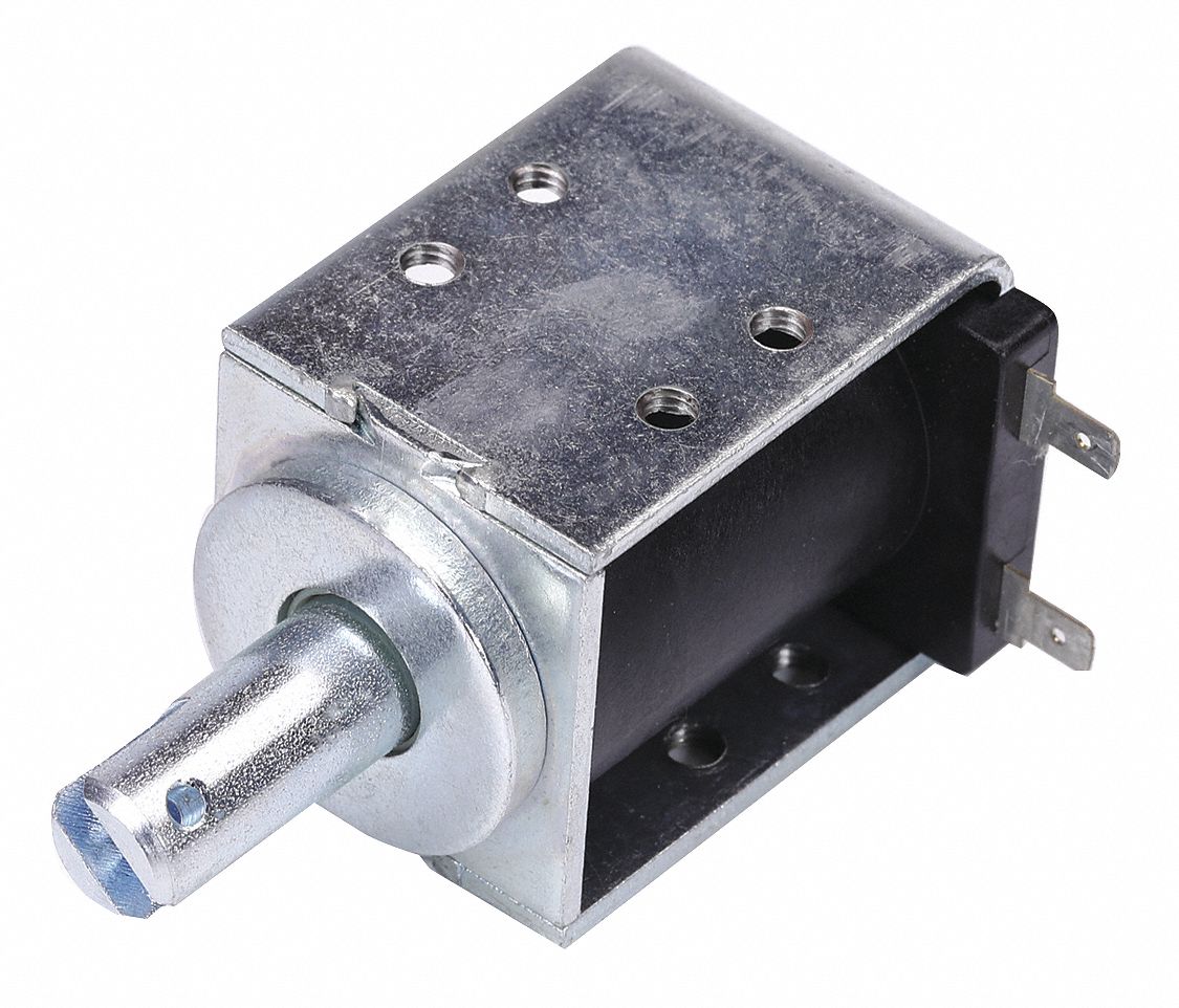 Solenoid: 120 V AC, 0 to 1 in, 14.0 to 80.0 oz, 1 63/100 in Dp, 2 9/50 in Lg, 1 9/20 in Wd