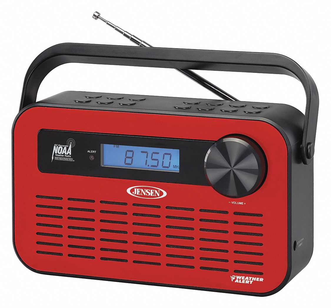 Portable Weather Radio: AM/FM/NOAA, Red, (4) AA Batteries/AC Adapter