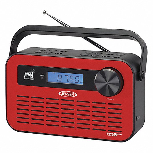 Portable Weather Radio: AM/FM/NOAA, Red, (4) AA Batteries/AC Adapter