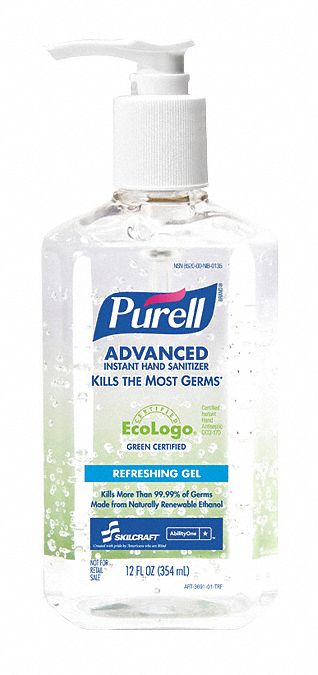 Hand Sanitizer: Gel, Pump Bottle, 12 oz, Fragrance Free, E3 NSF Rating, 12 PK
