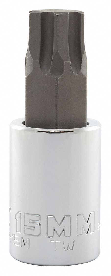 Socket Bit: 1/2 in Drive Size, Hex Tip, 15 mm Tip Size, 2 3/4 in Overall Lg, Fixed Insert