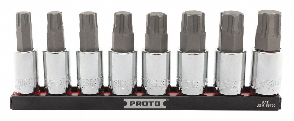 Socket Bit Set: 1 - 25 Pieces, 1/2 in Drive Size, 8 Pieces, 11 mm to 19 mm Tip Size Range