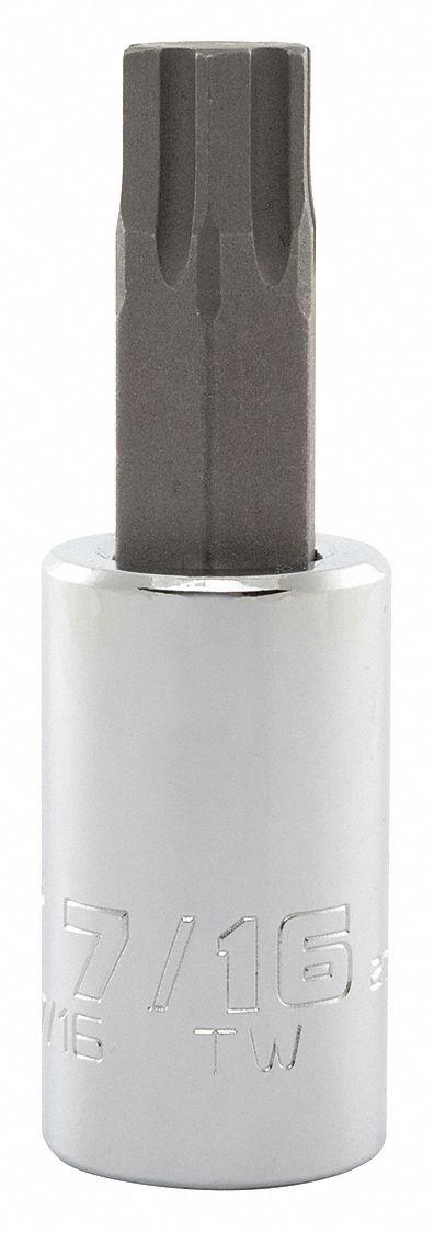 Socket Bit: 1/2 in Drive Size, Hex Tip, 7/16 in Tip Size, 2 3/4 in Overall Lg, Fixed Insert
