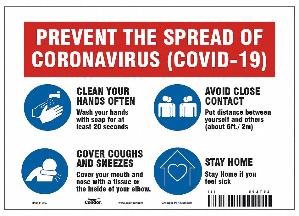 Prevent The Spread Of Coronavirus Sign: 7 in x 10 in Nominal Sign Size, 0.055 in Thick, Polystyrene