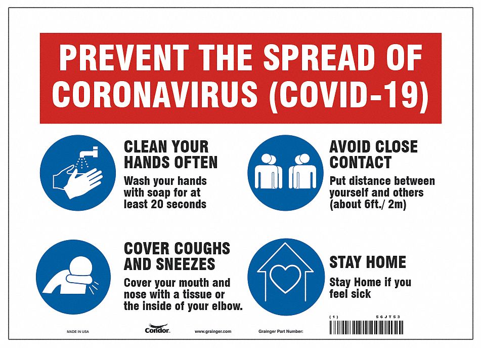 Prevent The Spread Of Coronavirus Sign: 10 in x 14 in Nominal Sign Size, 0.055 in Thick, Polystyrene