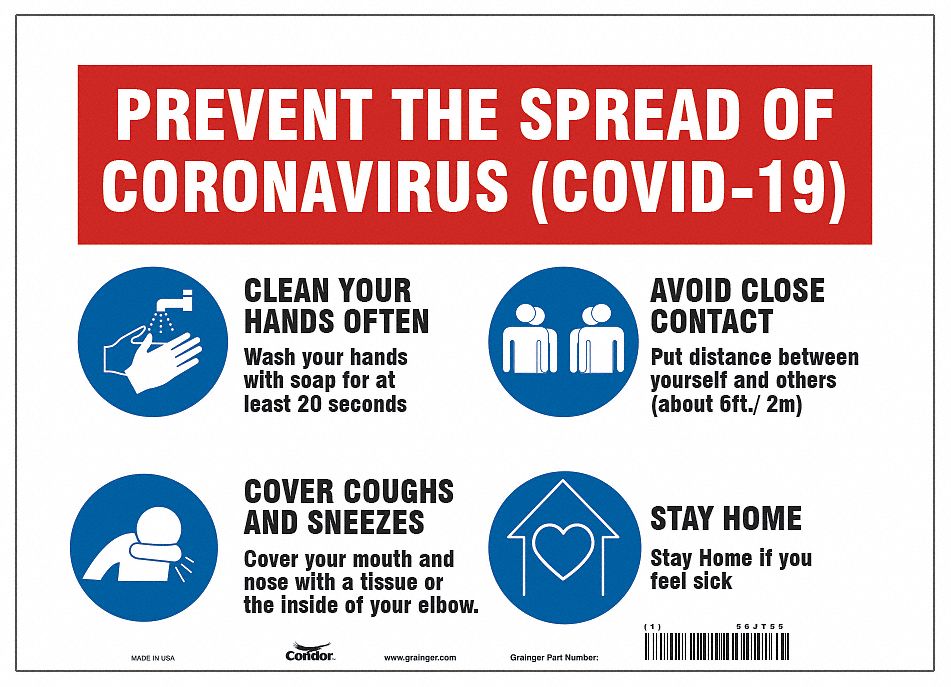 Prevent The Spread Of Coronavirus Sign: 10 in x 14 in Nominal Sign Size, 0.004 in Thick, Polyester