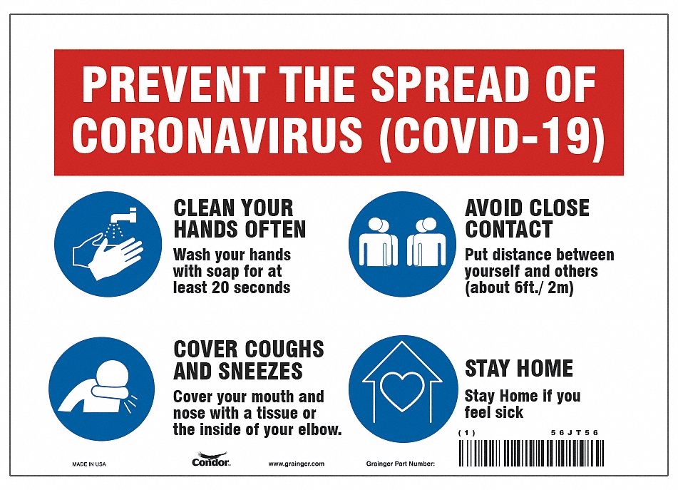 Prevent The Spread Of Coronavirus Sign: 7 in x 10 in Nominal Sign Size, 0.032 in Thick, Aluminum