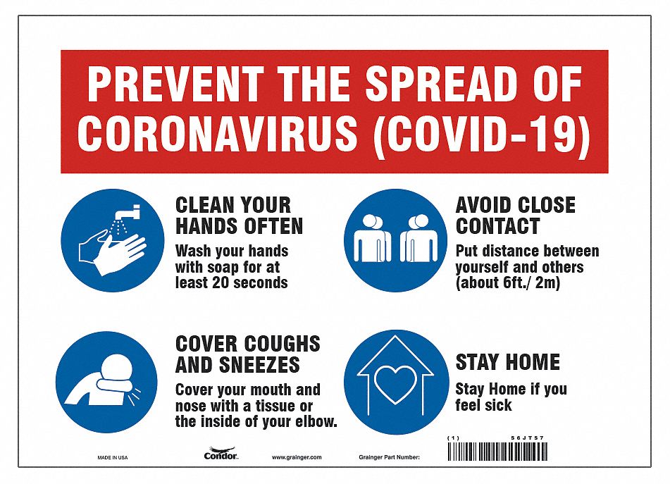 Prevent The Spread Of Coronavirus Sign: 10 in x 14 in Nominal Sign Size, 0.032 in Thick, Aluminum