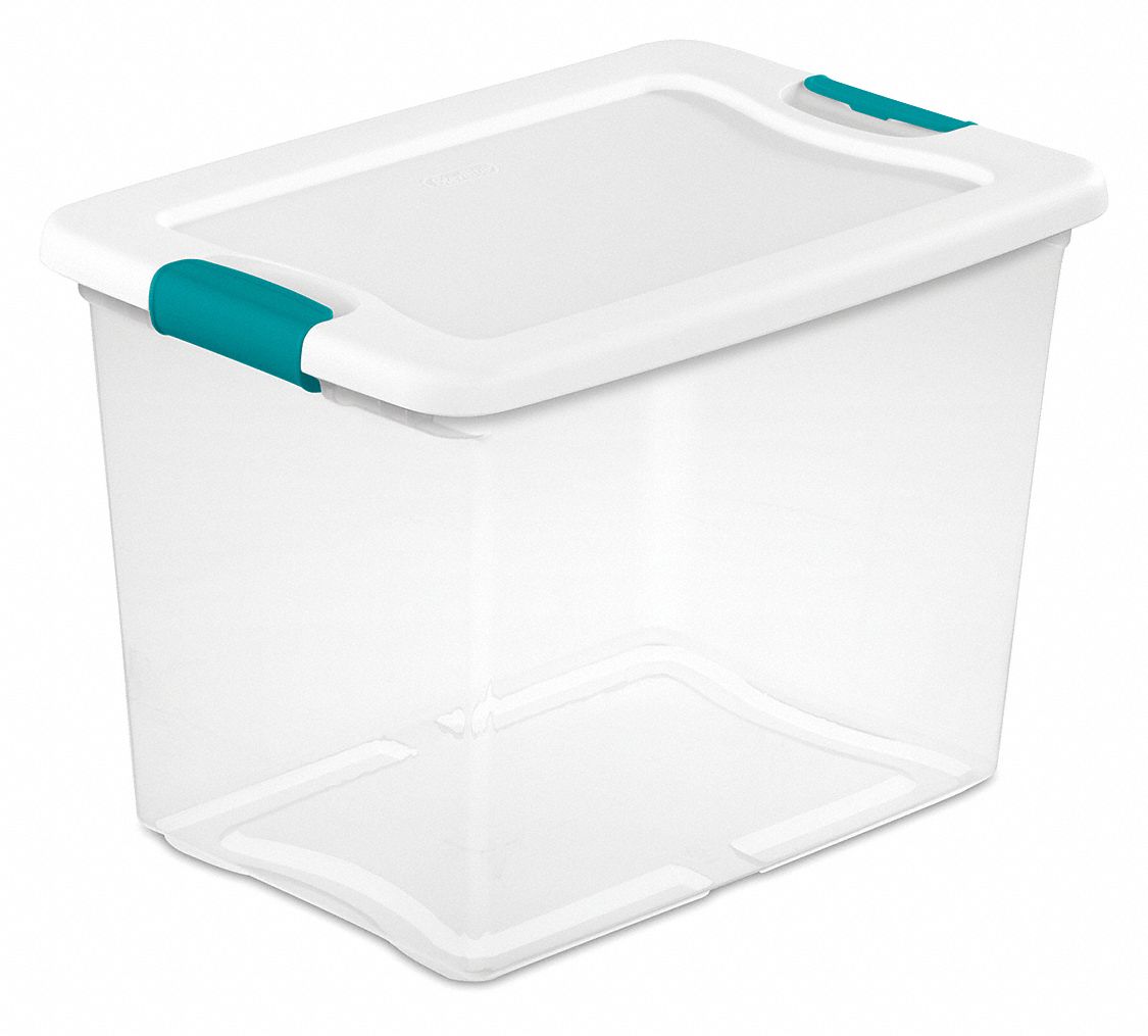 Storage Tote: 6.3 gal, 16 1/4 in x 11 1/4 in x 11 5/8 in, Clear Body, White Lid, White