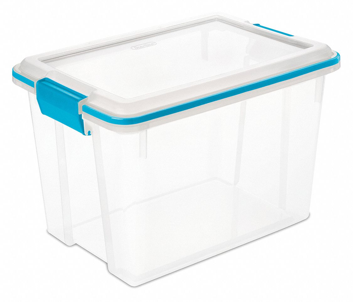 Storage Tote: 5 gal, 16 1/8 in x 11 1/4 in x 10 7/8 in, Clear Body Body, Blue Lid, Blue