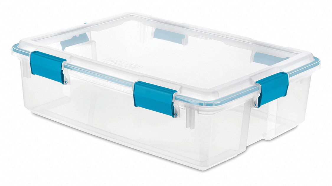 Storage Tote: 9.3 gal, 24 in x 18 in x 7 in, Clear Body Body, Blue Lid, Less than 10 gal