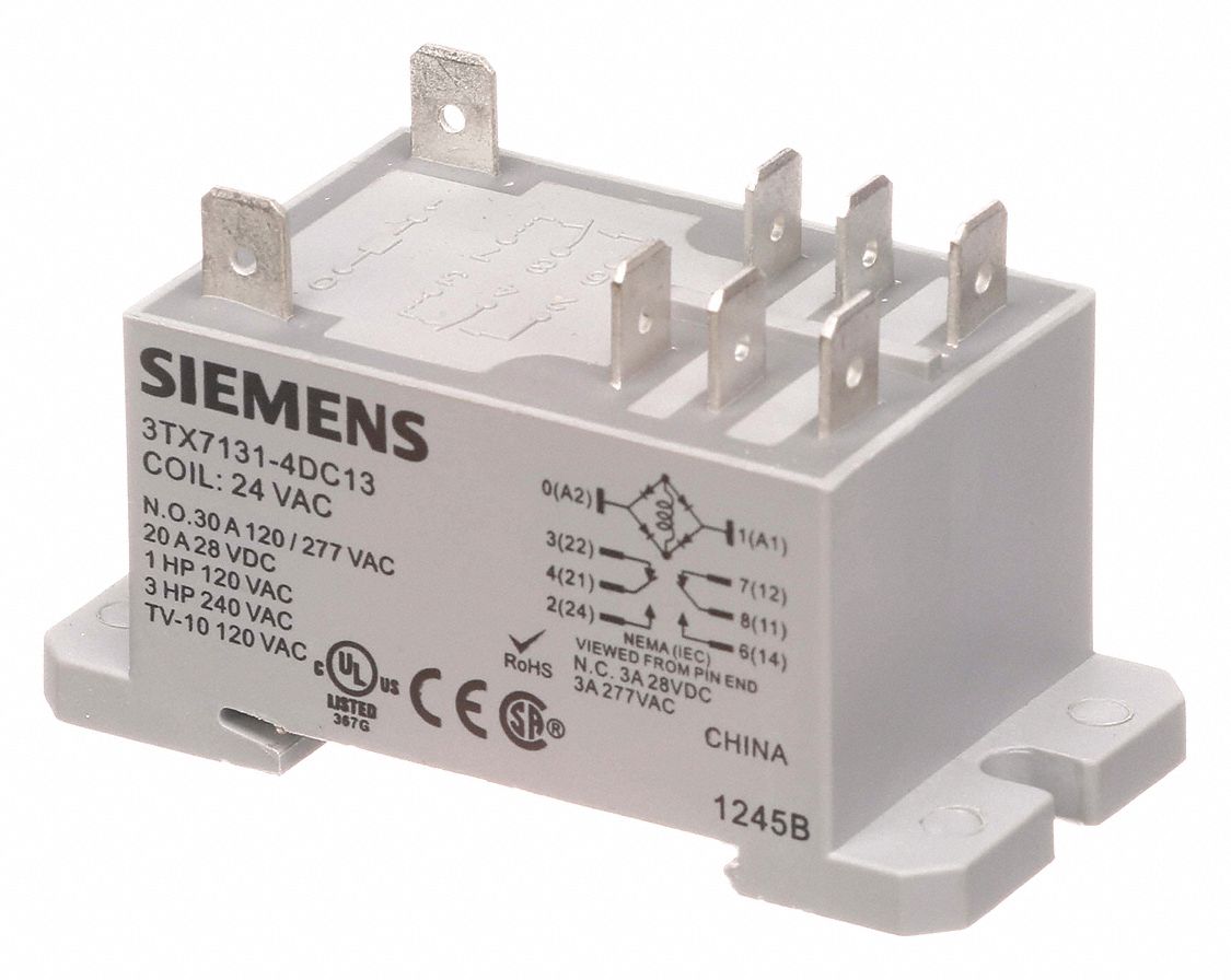 Enclosed Power Relay,  24V AC,  DPDT,  Pins