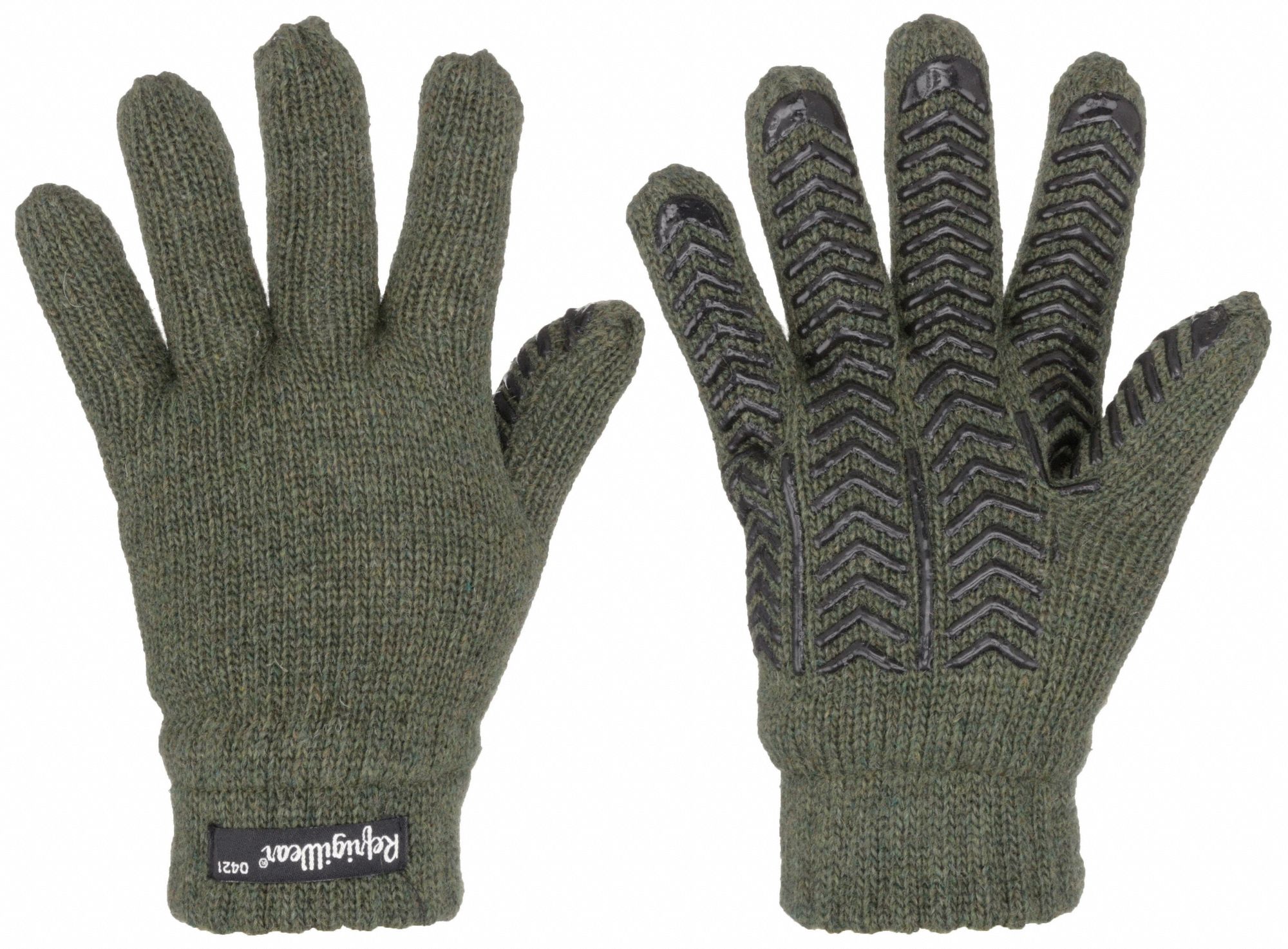Coated Gloves: L ( 9 ), Palm, Dotted, Silicone, 10°F Min Temp, Wool, Tread, Green, 1 PR